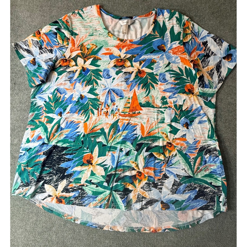CJ Banks Tropical Sailboat Print Top Women's 3X Multicolor Short Sleeve